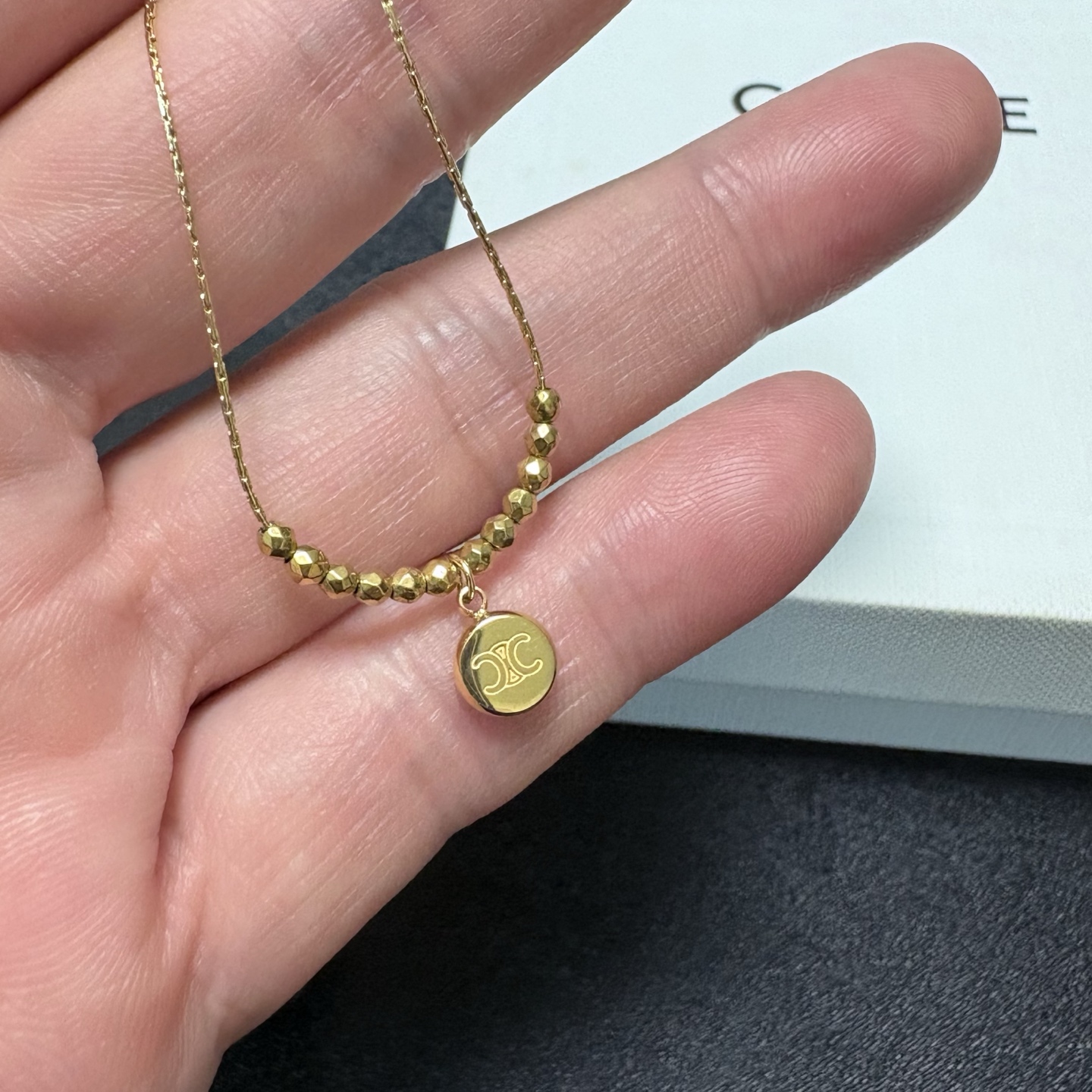 Celine Triomphe Round Pendant Beaded Chain necklace gold-tone metal 40cm with 5cm extender