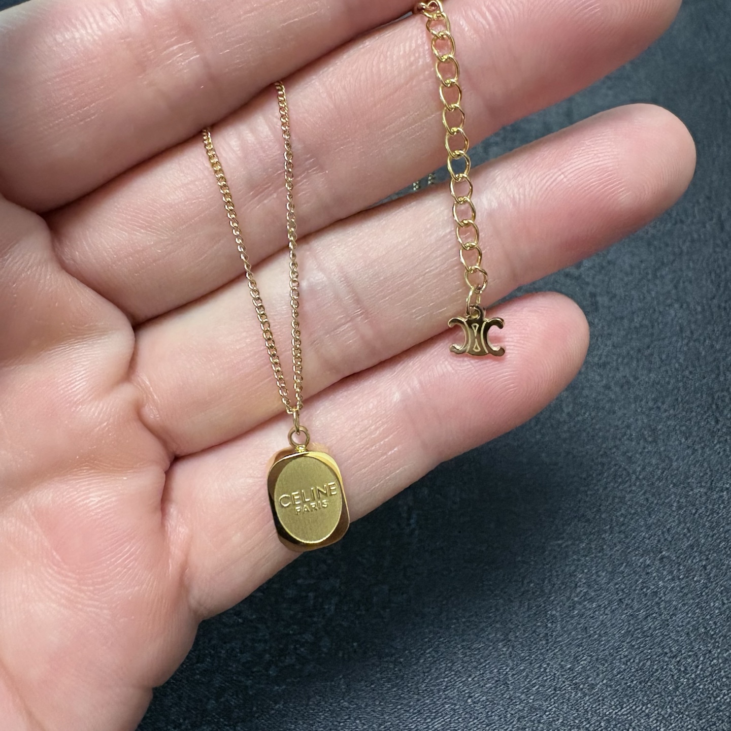 Celine Logo Engraved Small Dog Tag Pendant necklace 14K gold tone metal no accent stones 40cm with 5cm extender