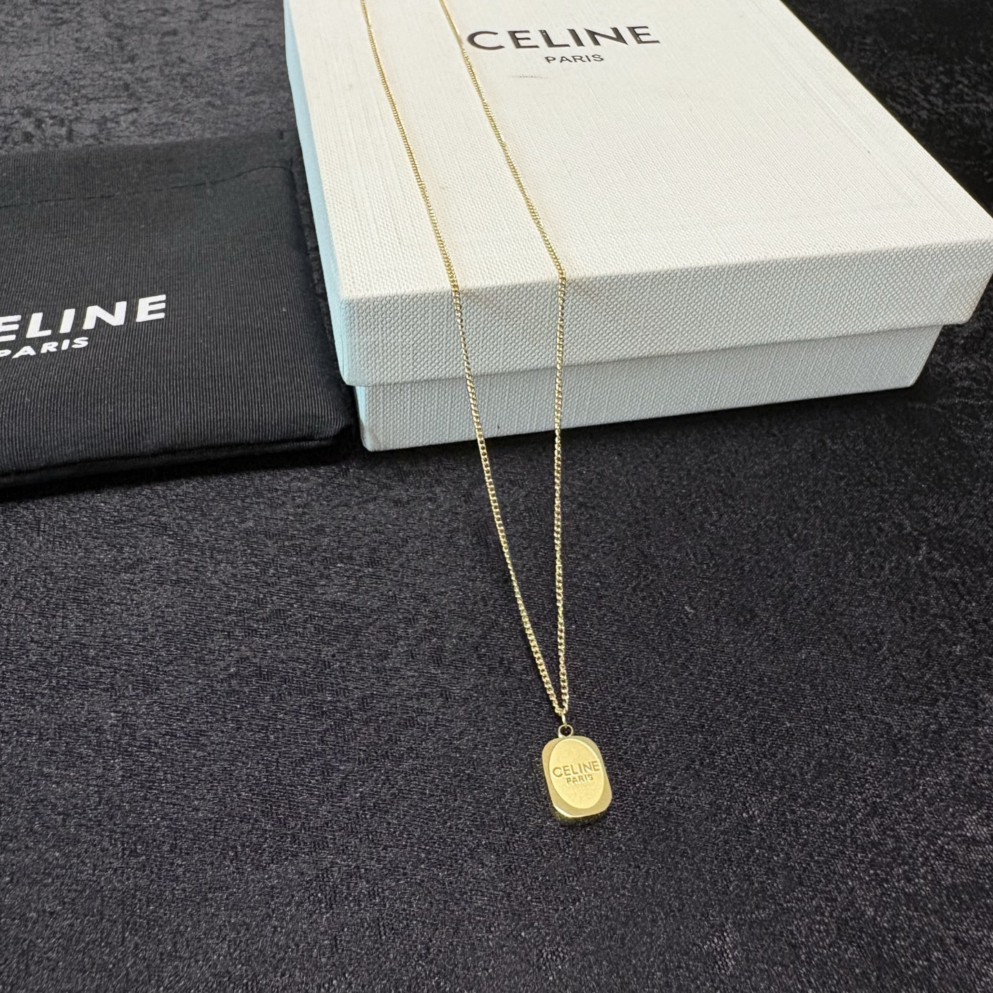 Celine Logo Engraved Small Dog Tag Pendant necklace 14K gold tone metal no accent stones 40cm with 5cm extender