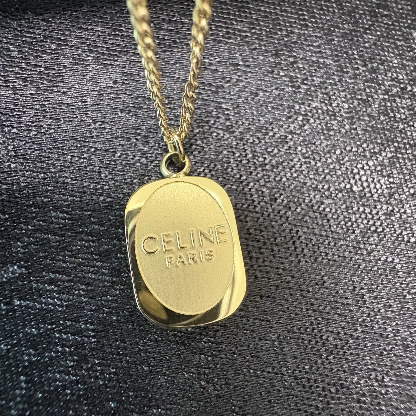 Celine Logo Engraved Small Dog Tag Pendant necklace 14K gold tone metal no accent stones 40cm with 5cm extender
