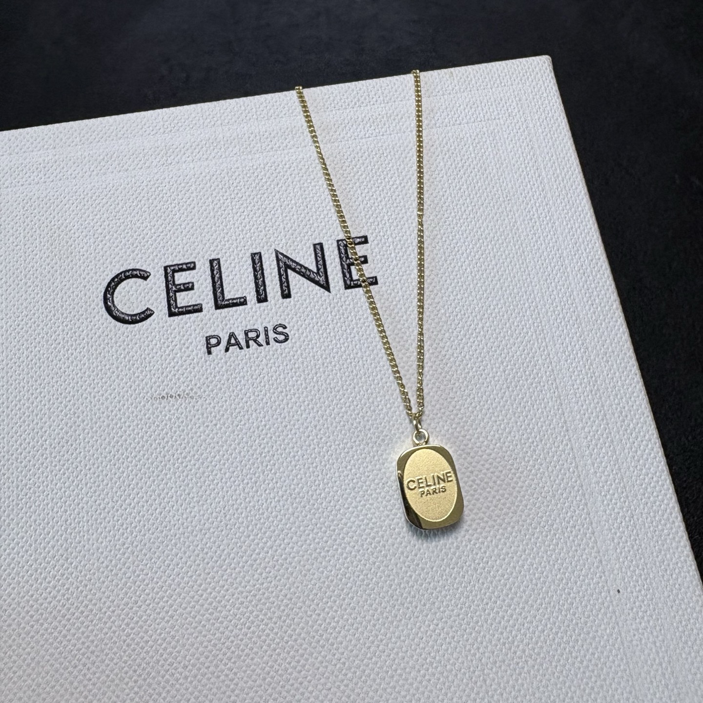 Celine Logo Engraved Small Dog Tag Pendant necklace 14K gold tone metal no accent stones 40cm with 5cm extender