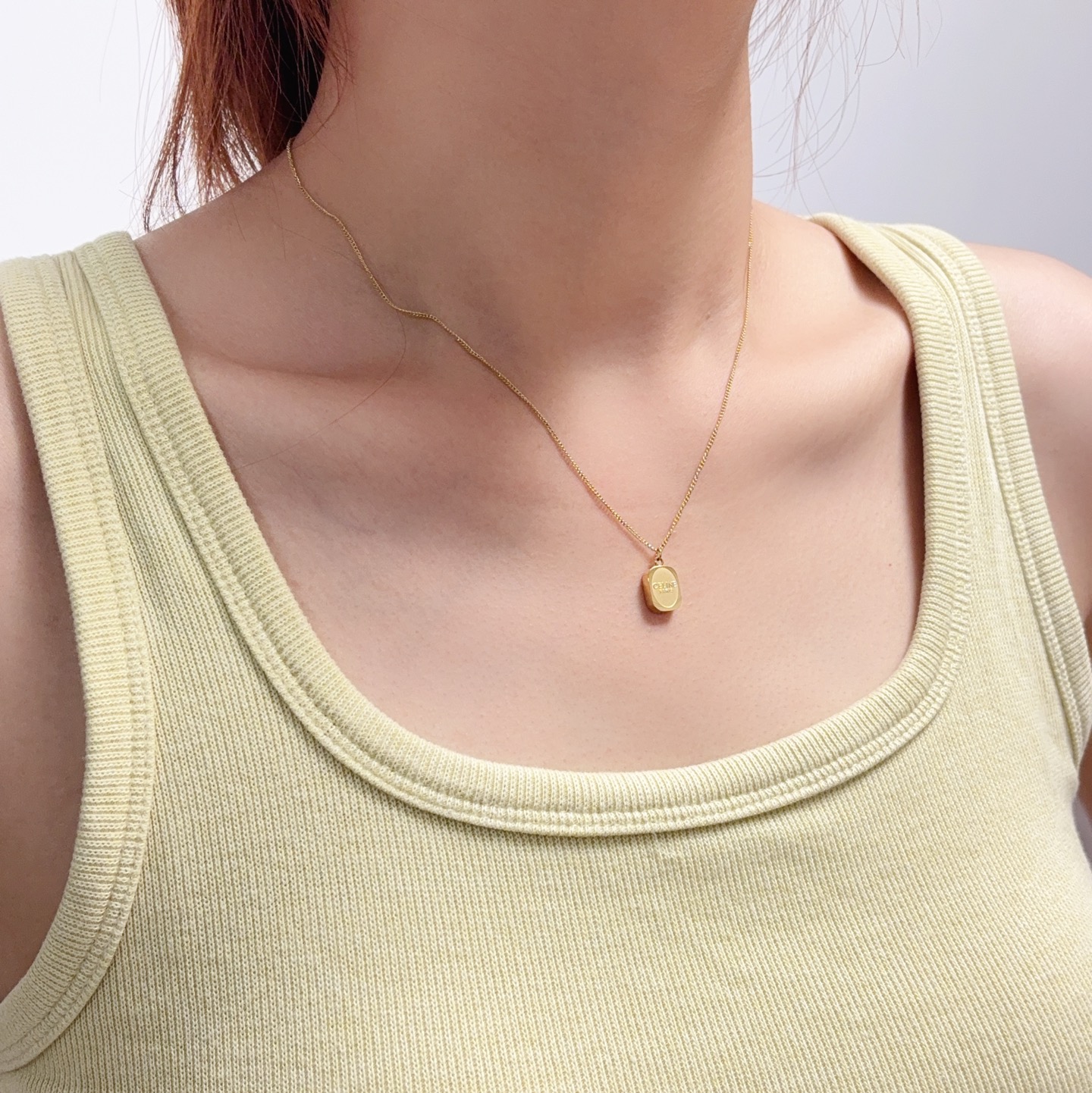 Celine Logo Engraved Small Dog Tag Pendant necklace 14K gold tone metal no accent stones 40cm with 5cm extender