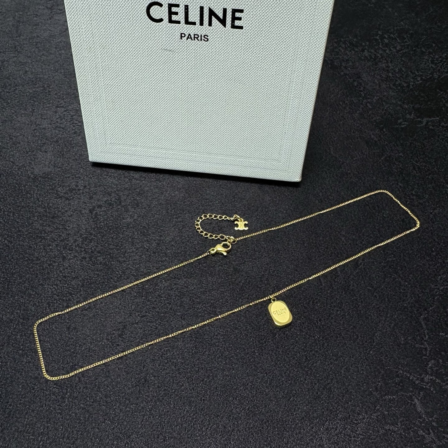 Celine Logo Engraved Small Dog Tag Pendant necklace 14K gold tone metal no accent stones 40cm with 5cm extender