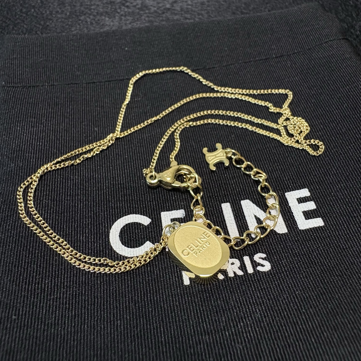 Celine Logo Engraved Small Dog Tag Pendant necklace 14K gold tone metal no accent stones 40cm with 5cm extender