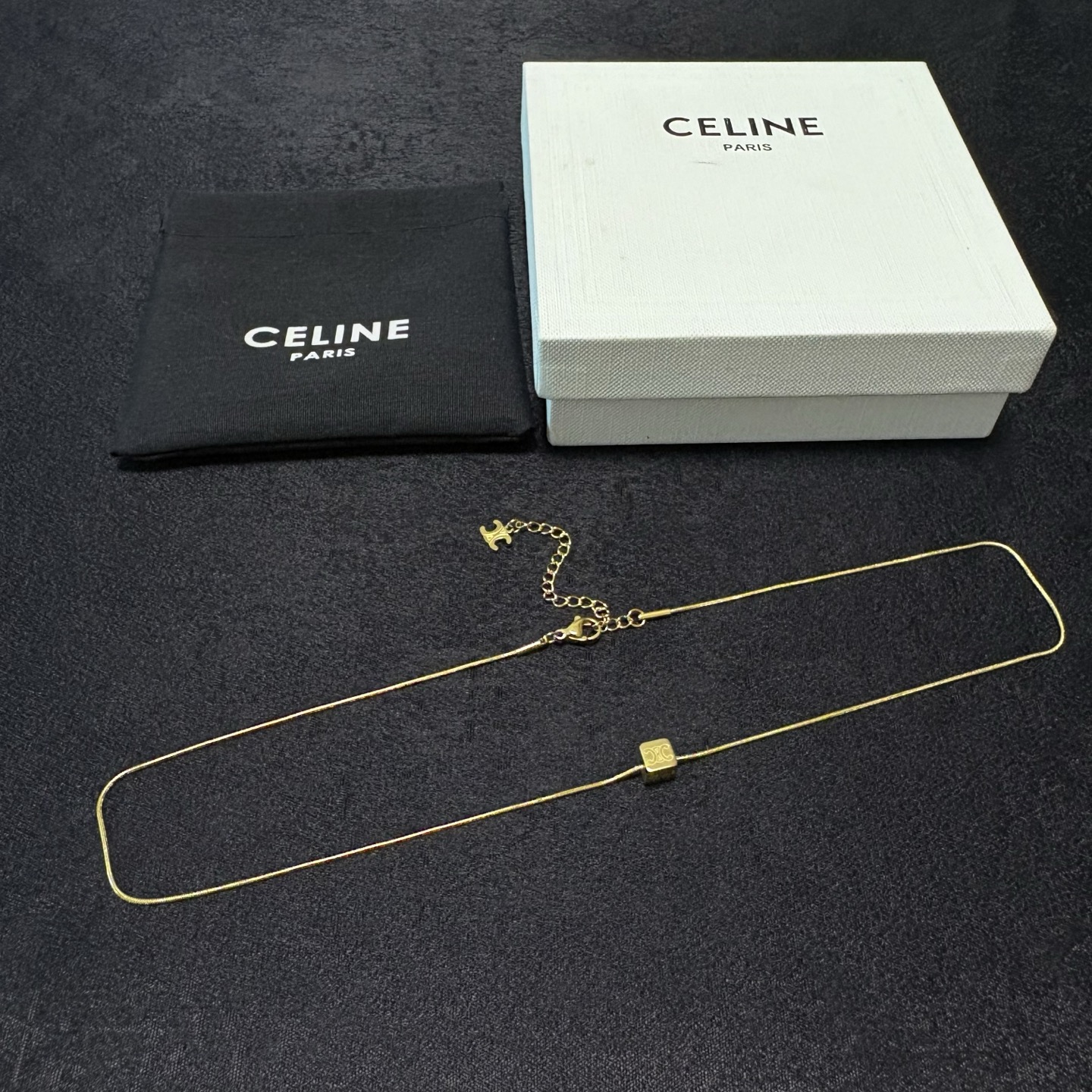 Celine Triomphe Cube Pendant Necklace necklace 14K gold tone metal no accent stones 45cm