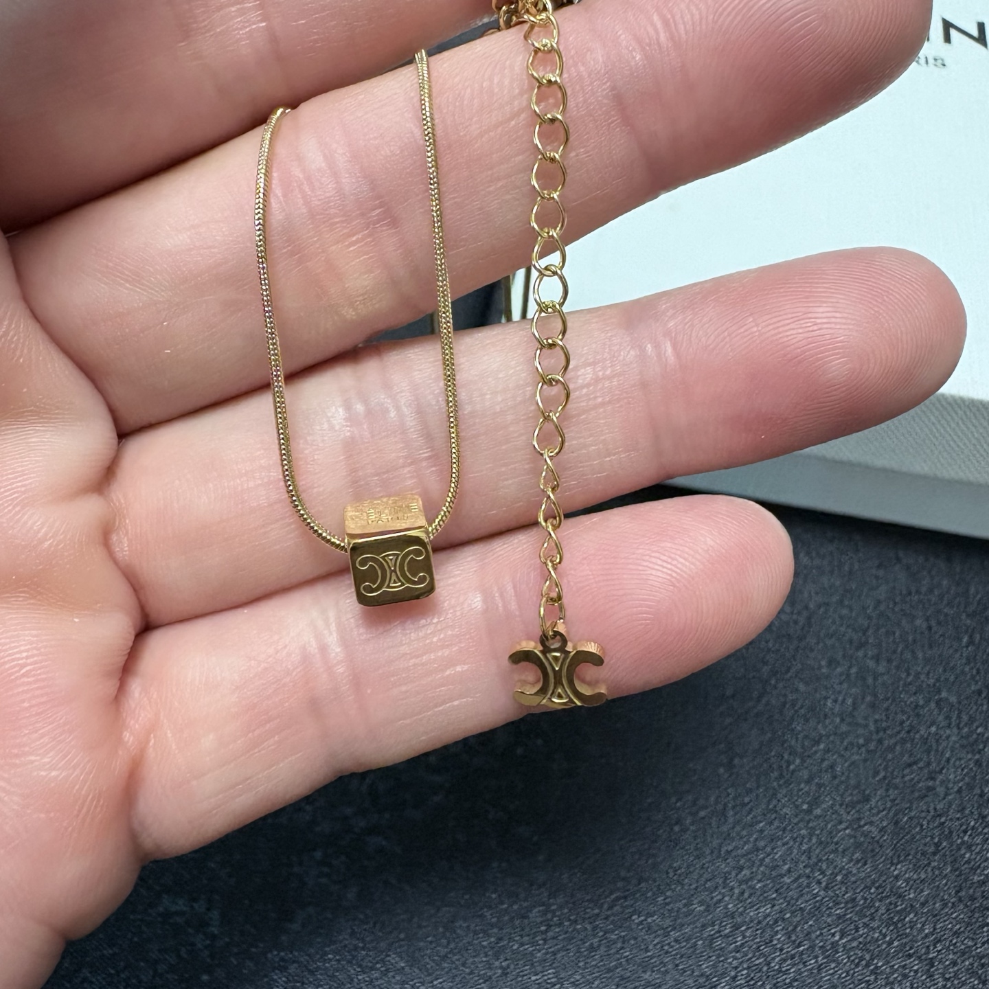 Celine Triomphe Cube Pendant Necklace necklace 14K gold tone metal no accent stones 45cm