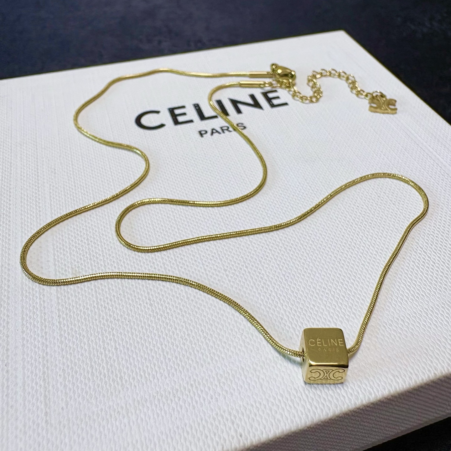 Celine Triomphe Cube Pendant Necklace necklace 14K gold tone metal no accent stones 45cm