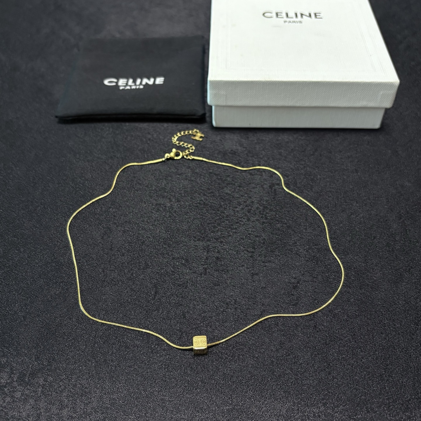 Celine Triomphe Cube Pendant Necklace necklace 14K gold tone metal no accent stones 45cm