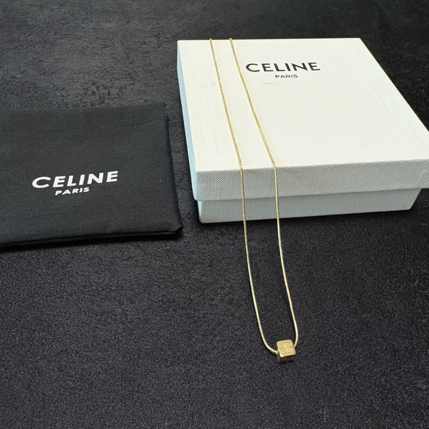 Celine Triomphe Cube Pendant Necklace necklace 14K gold tone metal no accent stones 45cm