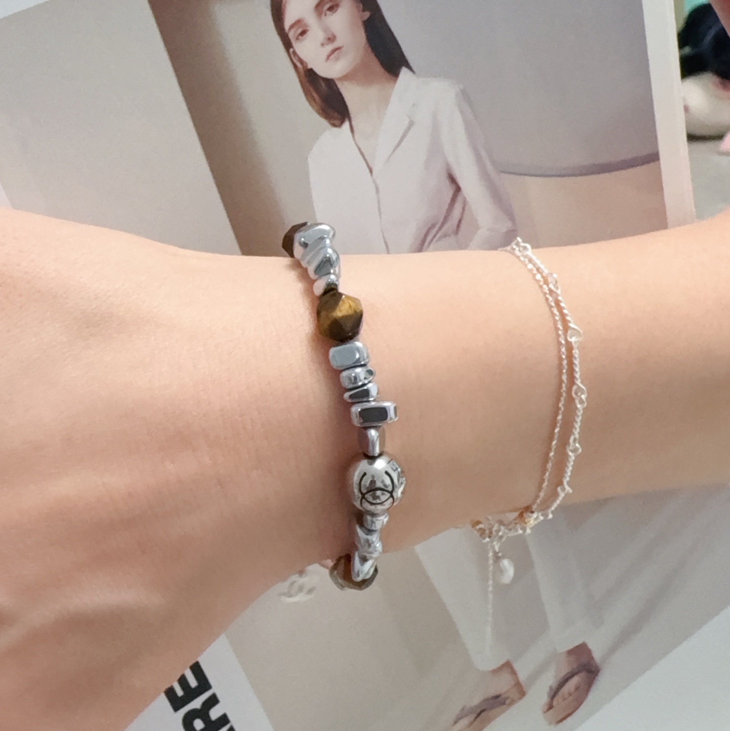 Chanel CC Logo Beaded Bracelet bracelet Silver-tone metal with golden brown tiger s eye beads 17cm with 3cm extension chain