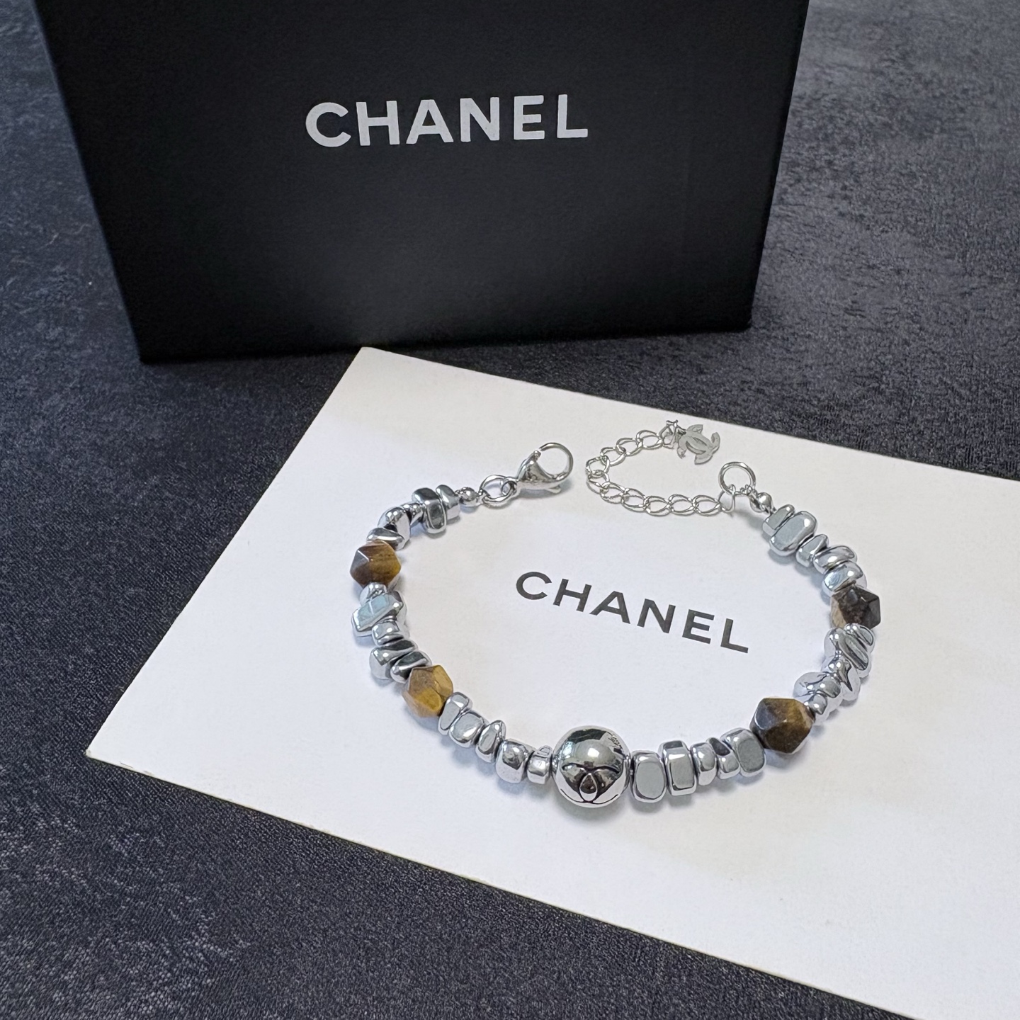Chanel CC Logo Beaded Bracelet bracelet Silver-tone metal with golden brown tiger s eye beads 17cm with 3cm extension chain