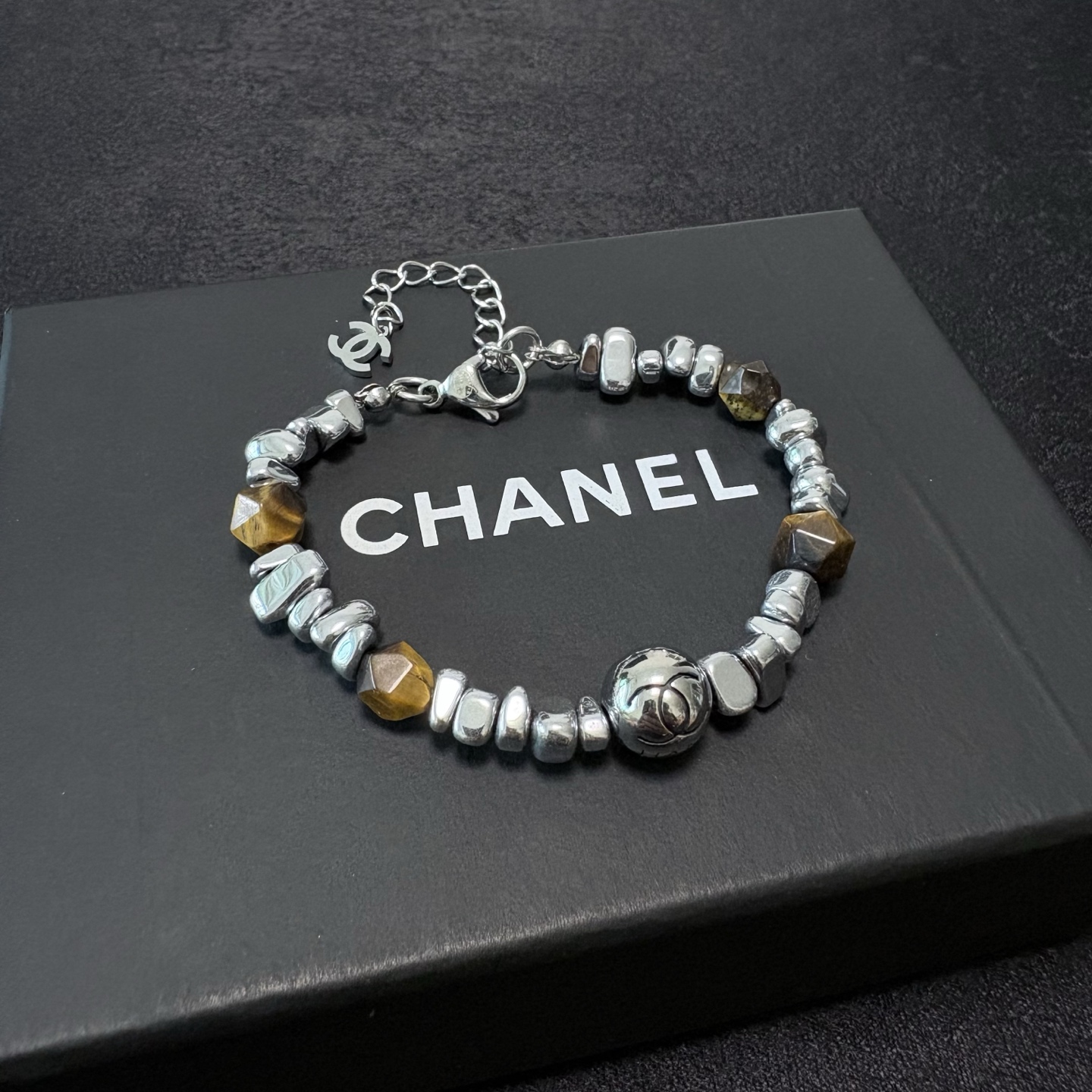 Chanel CC Logo Beaded Bracelet bracelet Silver-tone metal with golden brown tiger s eye beads 17cm with 3cm extension chain