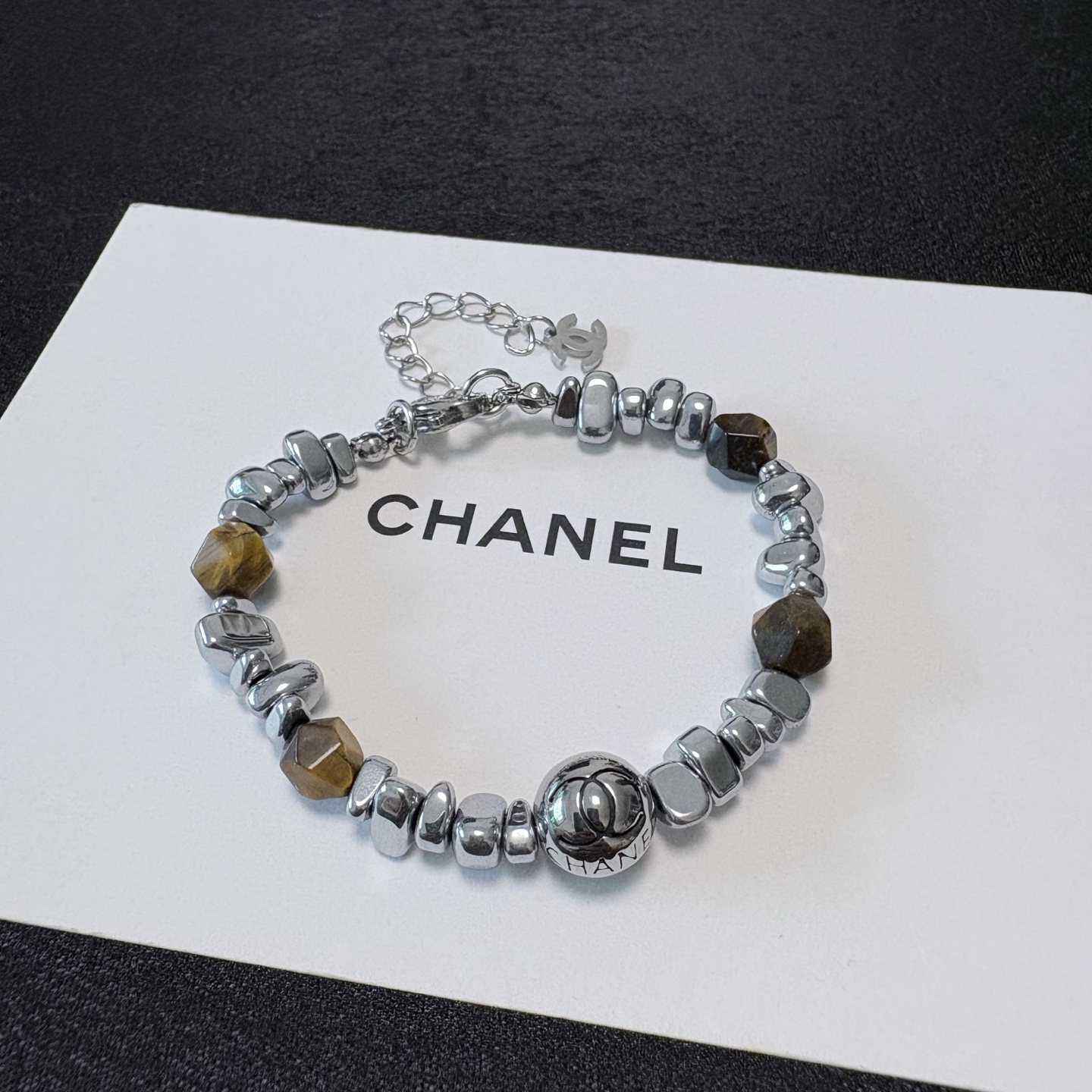 Chanel CC Logo Beaded Bracelet bracelet Silver-tone metal with golden brown tiger s eye beads 17cm with 3cm extension chain