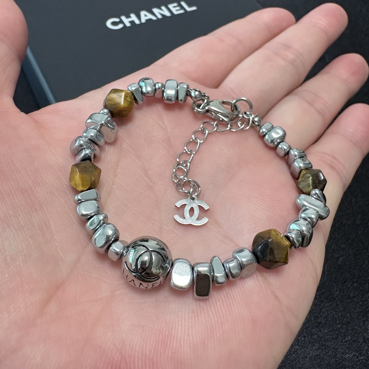 Chanel CC Logo Beaded Bracelet bracelet Silver-tone metal with golden brown tiger s eye beads 17cm with 3cm extension chain