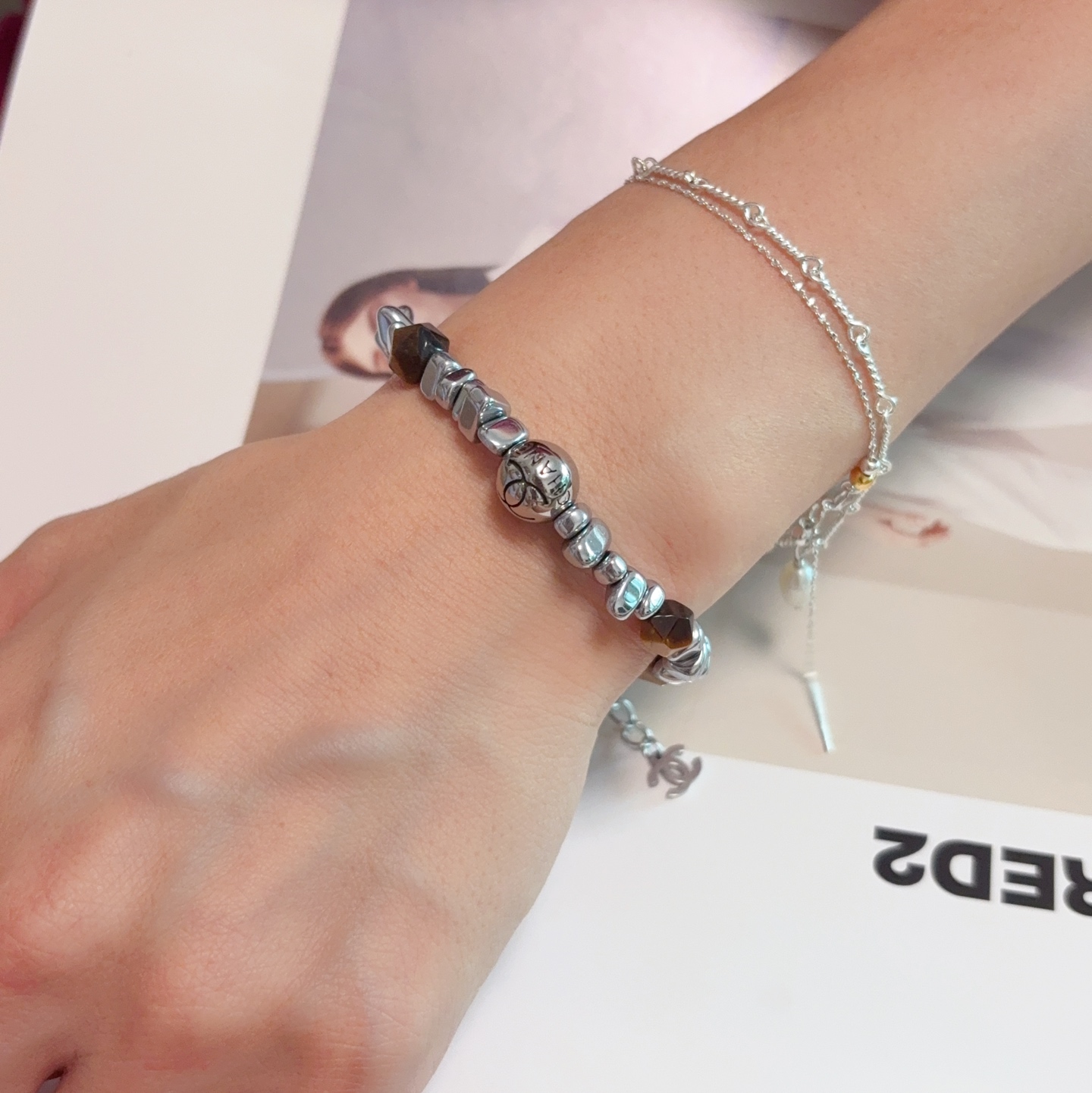 Chanel CC Logo Beaded Bracelet bracelet Silver-tone metal with golden brown tiger s eye beads 17cm with 3cm extension chain