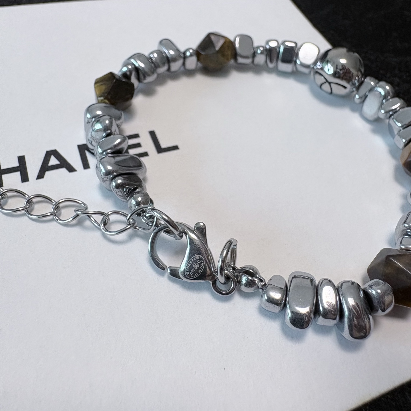 Chanel CC Logo Beaded Bracelet bracelet Silver-tone metal with golden brown tiger s eye beads 17cm with 3cm extension chain