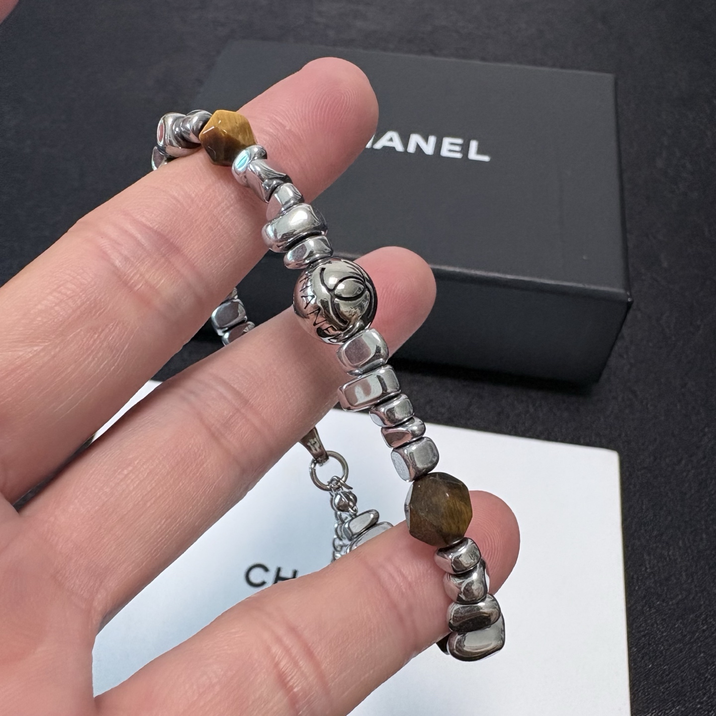 Chanel CC Logo Beaded Bracelet bracelet Silver-tone metal with golden brown tiger s eye beads 17cm with 3cm extension chain