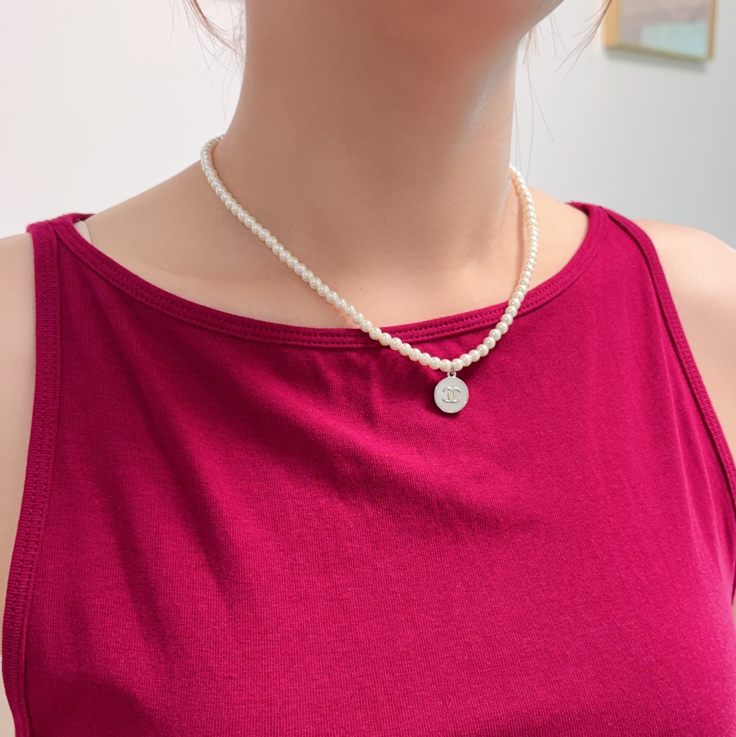 Chanel CC Round Pendant Pearl Choker necklace silver-tone metal white faux pearl 40cm with 5cm extender chain