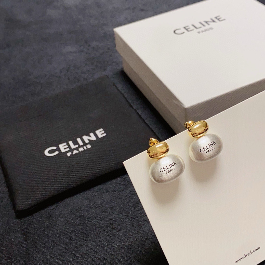 Celine Paris Logo Brushed Oval Drop Earrings earrings polished gold-tone metal brushed silver-tone metal with black engraved logo 1 5cm drop length