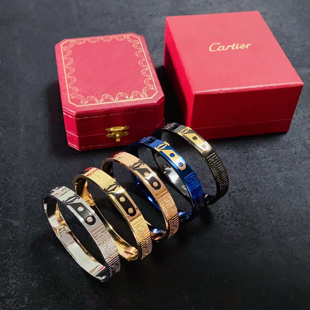 Cartier Love C de Cartier Decor Motif Bangle bracelet Multiple colorways silver-tone with black and red accents black with gold accents blue with gold accents rose gold-tone with black accents yellow gold-tone with black accents all with polished metal finishes and black enamel decorative details 21cm