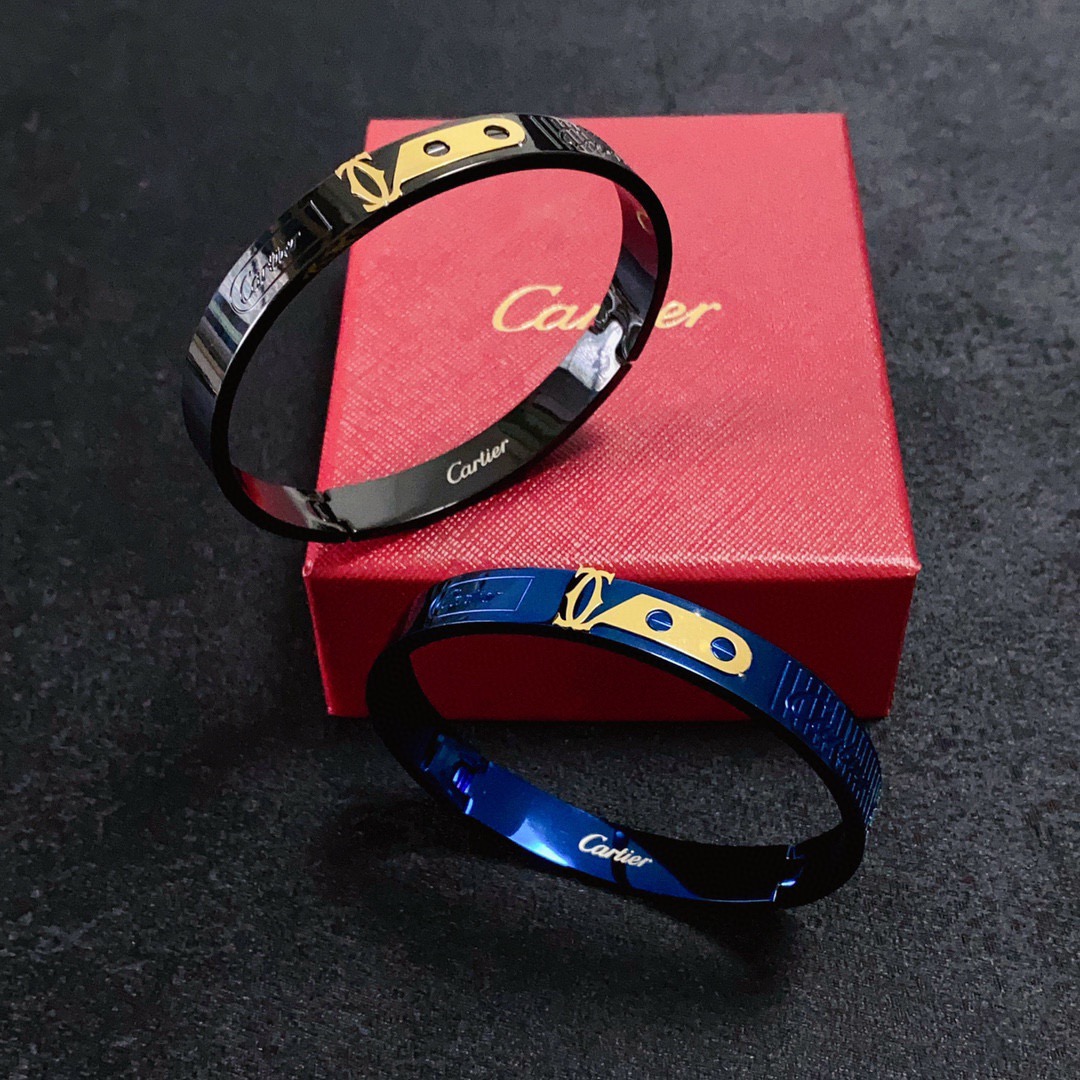 Cartier Love C de Cartier Decor Motif Bangle bracelet Multiple colorways silver-tone with black and red accents black with gold accents blue with gold accents rose gold-tone with black accents yellow gold-tone with black accents all with polished metal finishes and black enamel decorative details 21cm