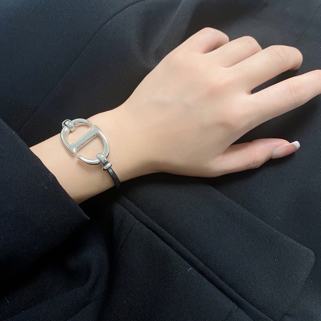 Dior CD Logo Cuff Bracelet bracelet Gold-tone metal Silver-tone metal Black leather 17cm