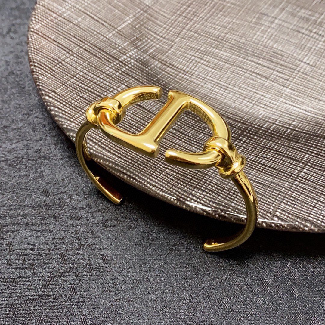 Dior CD Logo Cuff Bracelet bracelet Gold-tone metal Silver-tone metal Black leather 17cm