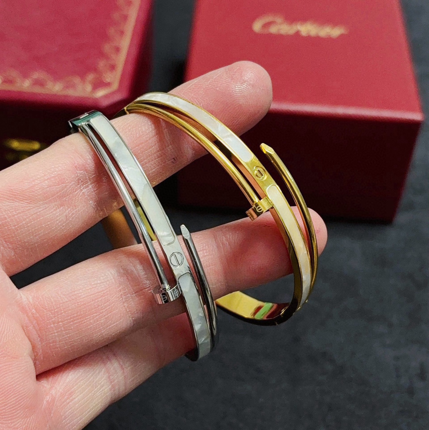 Cartier Juste un Clou bracelet 18k white gold 18k yellow gold white mother-of-pearl 17
