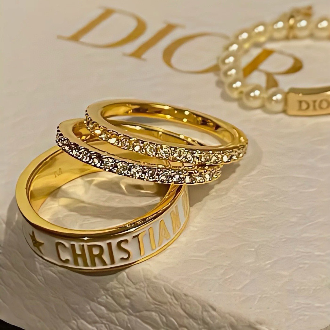 Dior Christian Dior Code Stacked Ring Set ring Gold-tone metal with white enamel and clear crystal accents 6-7-8