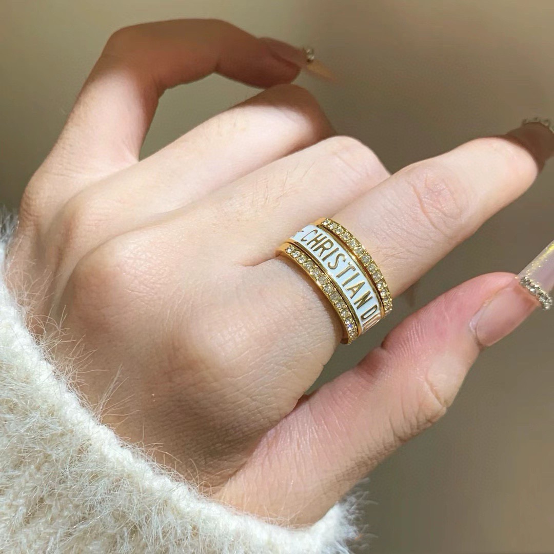 Dior Christian Dior Code Stacked Ring Set ring Gold-tone metal with white enamel and clear crystal accents 6-7-8