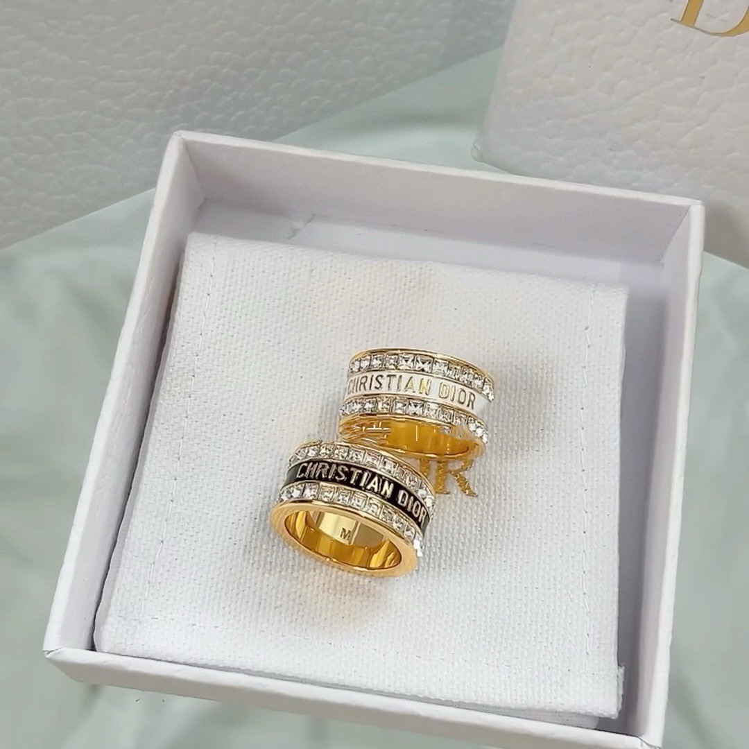 Dior Night Code ring gold-tone metal with clear crystals available with white enamel or black enamel logo band 6 7 8