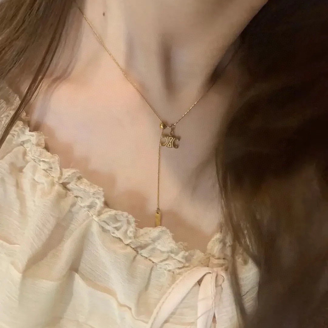 Celine Triomphe Lariat necklace 14K gold tone metal no accent stones 45cm with 5cm extender