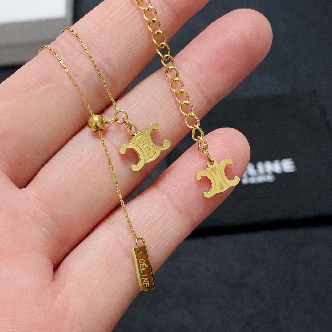 Celine Triomphe Lariat necklace 14K gold tone metal no accent stones 45cm with 5cm extender