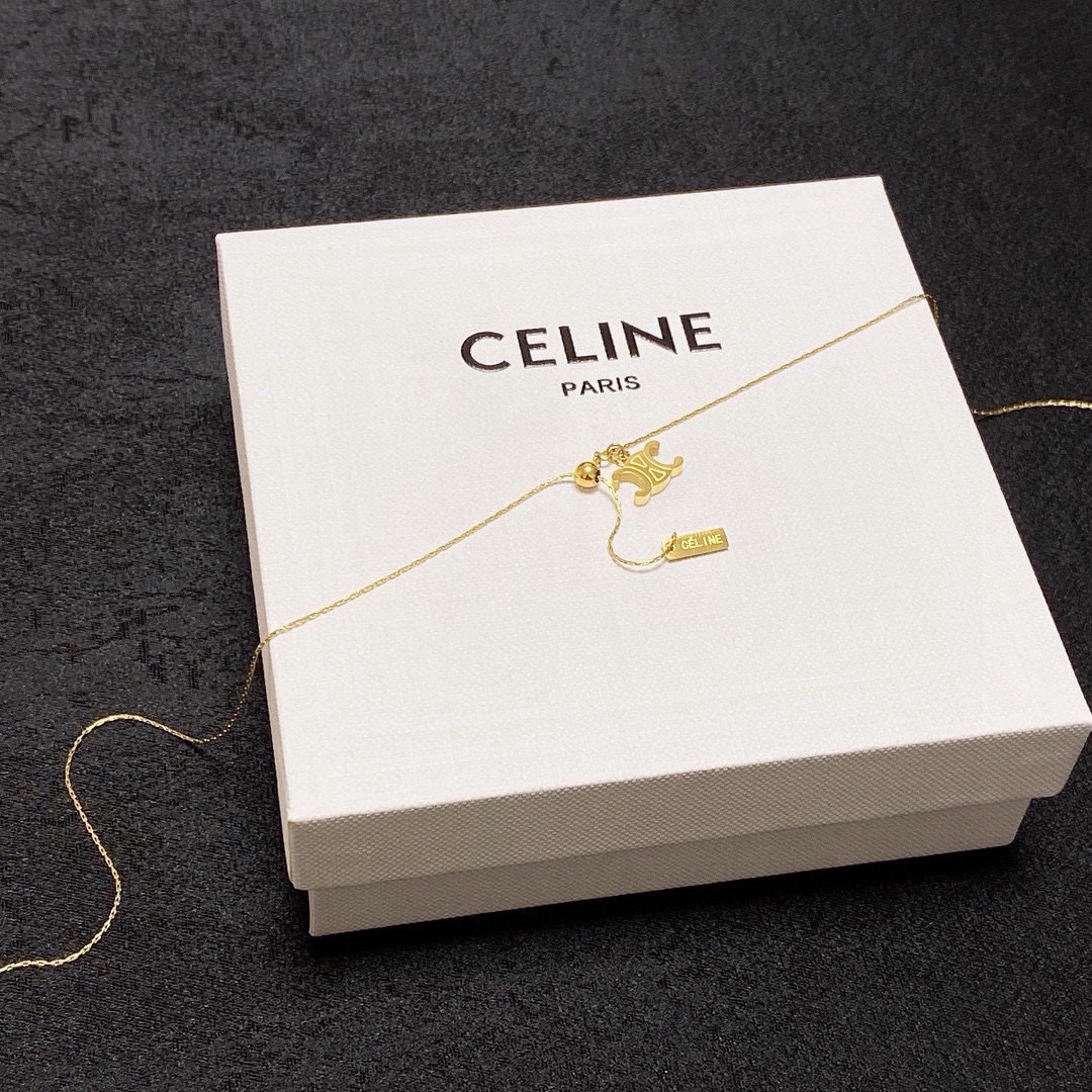 Celine Triomphe Lariat necklace 14K gold tone metal no accent stones 45cm with 5cm extender