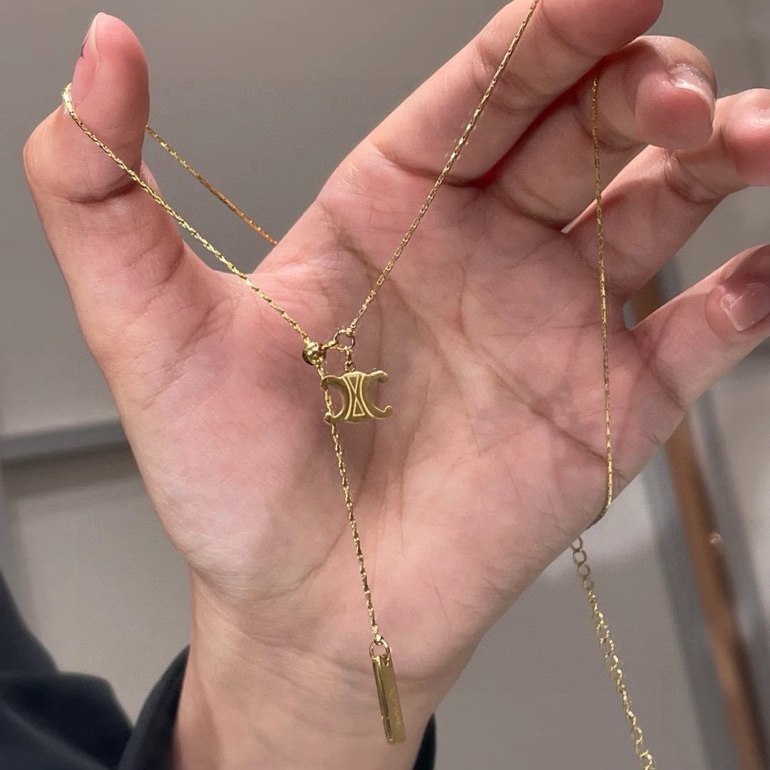 Celine Triomphe Lariat necklace 14K gold tone metal no accent stones 45cm with 5cm extender