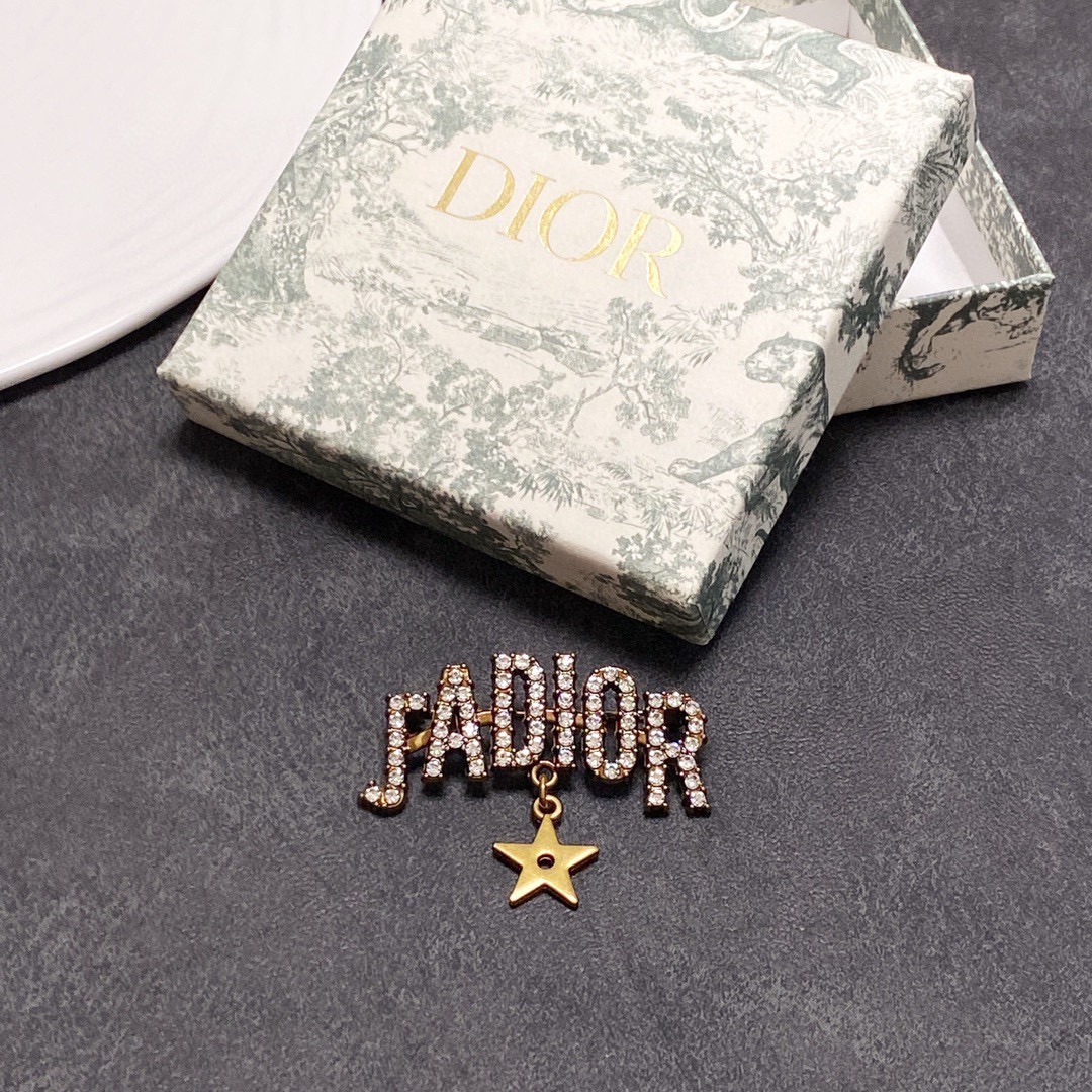 Dior J Adior brooch antique gold tone metal with clear crystal accents and gold star charm 4cm width
