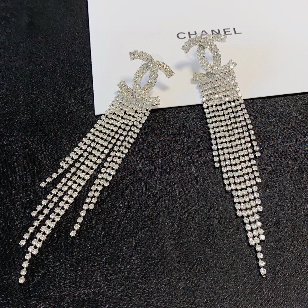 Chanel CC Crystal Fringe Drop Earrings earrings silver-tone metal with clear crystal rhinestones 9cm length