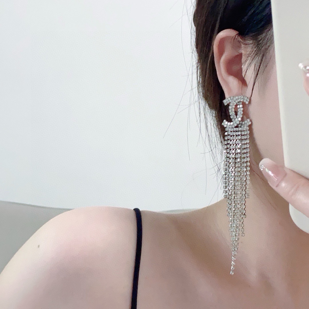 Chanel CC Crystal Fringe Drop Earrings earrings silver-tone metal with clear crystal rhinestones 9cm length