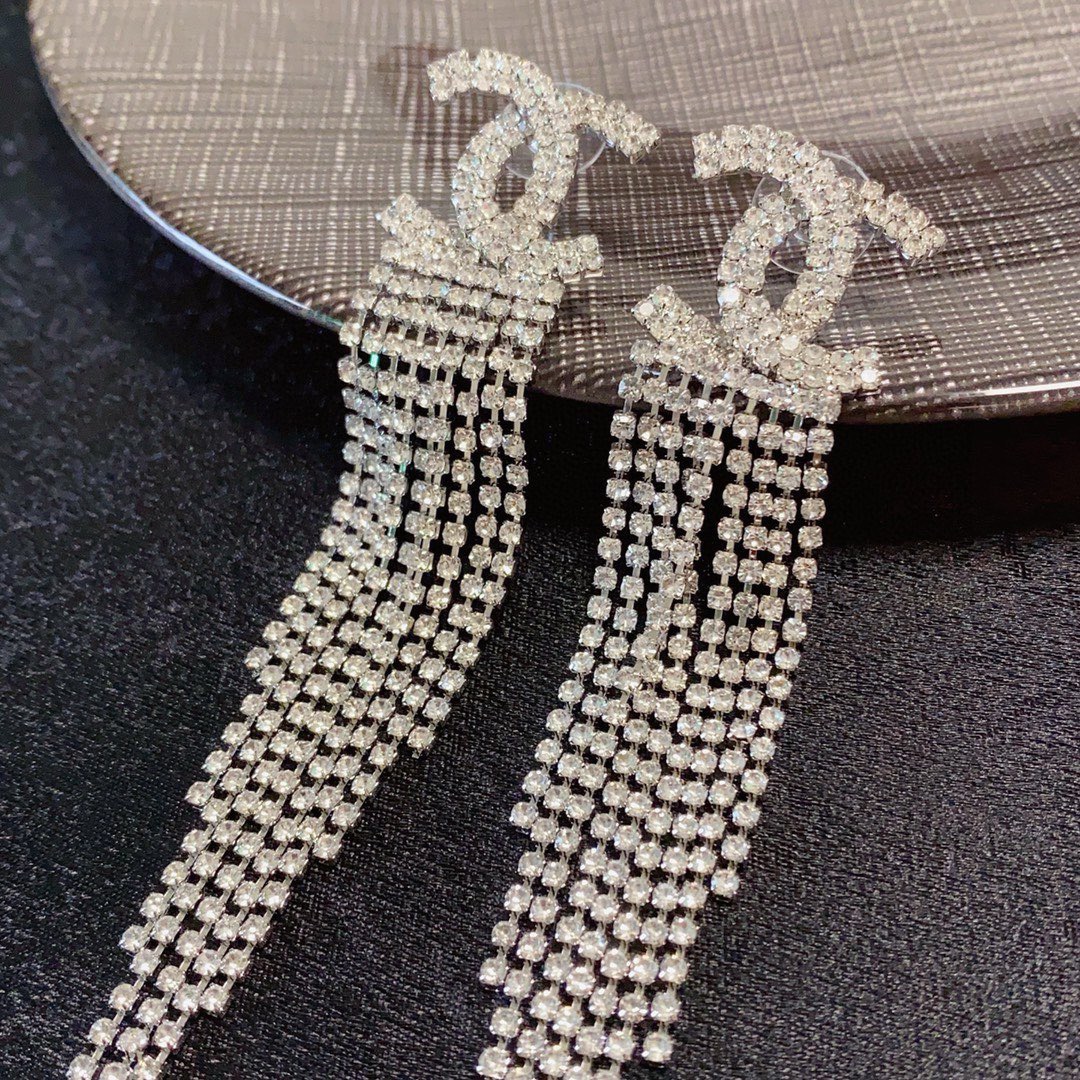 Chanel CC Crystal Fringe Drop Earrings earrings silver-tone metal with clear crystal rhinestones 9cm length