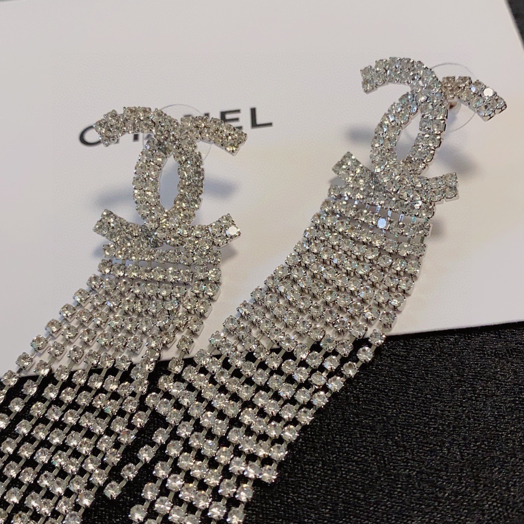 Chanel CC Crystal Fringe Drop Earrings earrings silver-tone metal with clear crystal rhinestones 9cm length