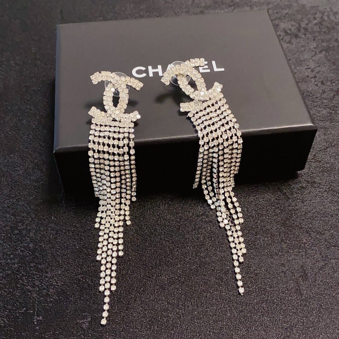 Chanel CC Crystal Fringe Drop Earrings earrings silver-tone metal with clear crystal rhinestones 9cm length