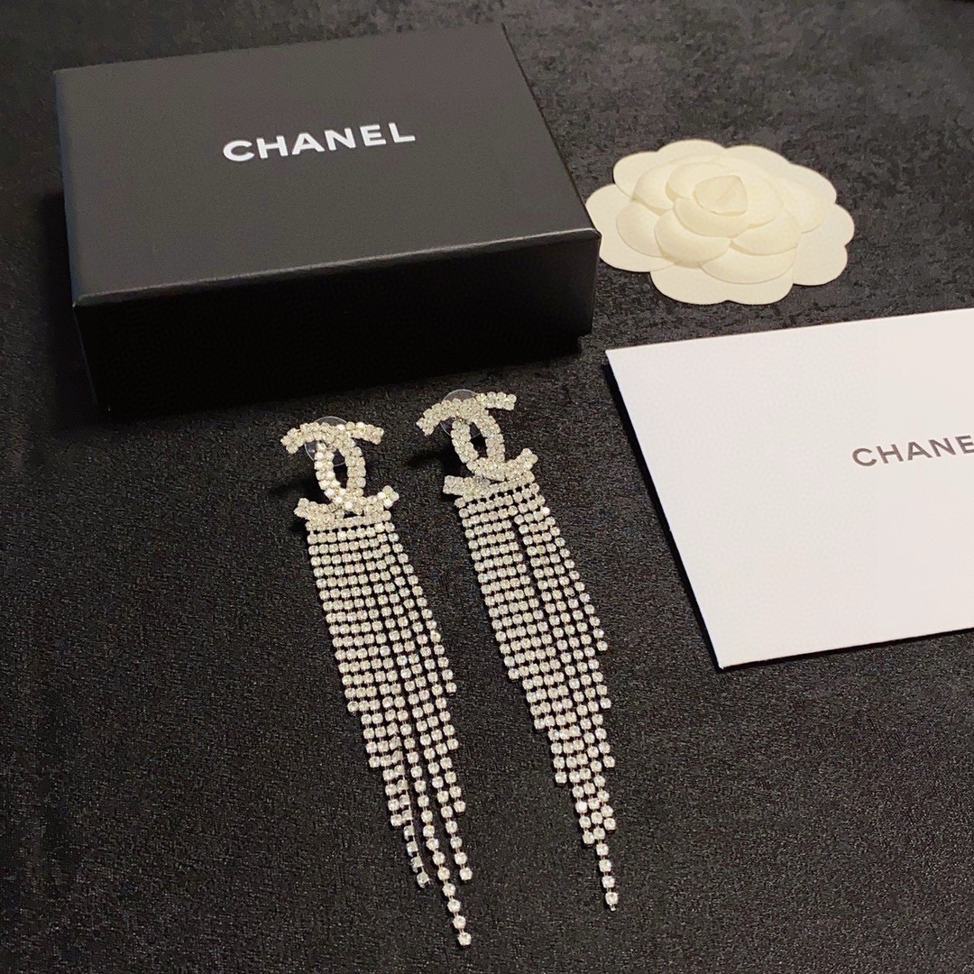 Chanel CC Crystal Fringe Drop Earrings earrings silver-tone metal with clear crystal rhinestones 9cm length