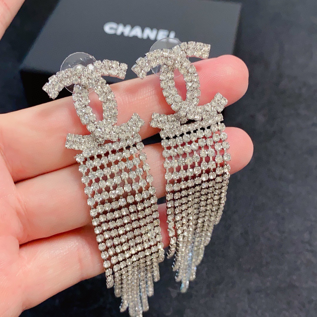Chanel CC Crystal Fringe Drop Earrings earrings silver-tone metal with clear crystal rhinestones 9cm length