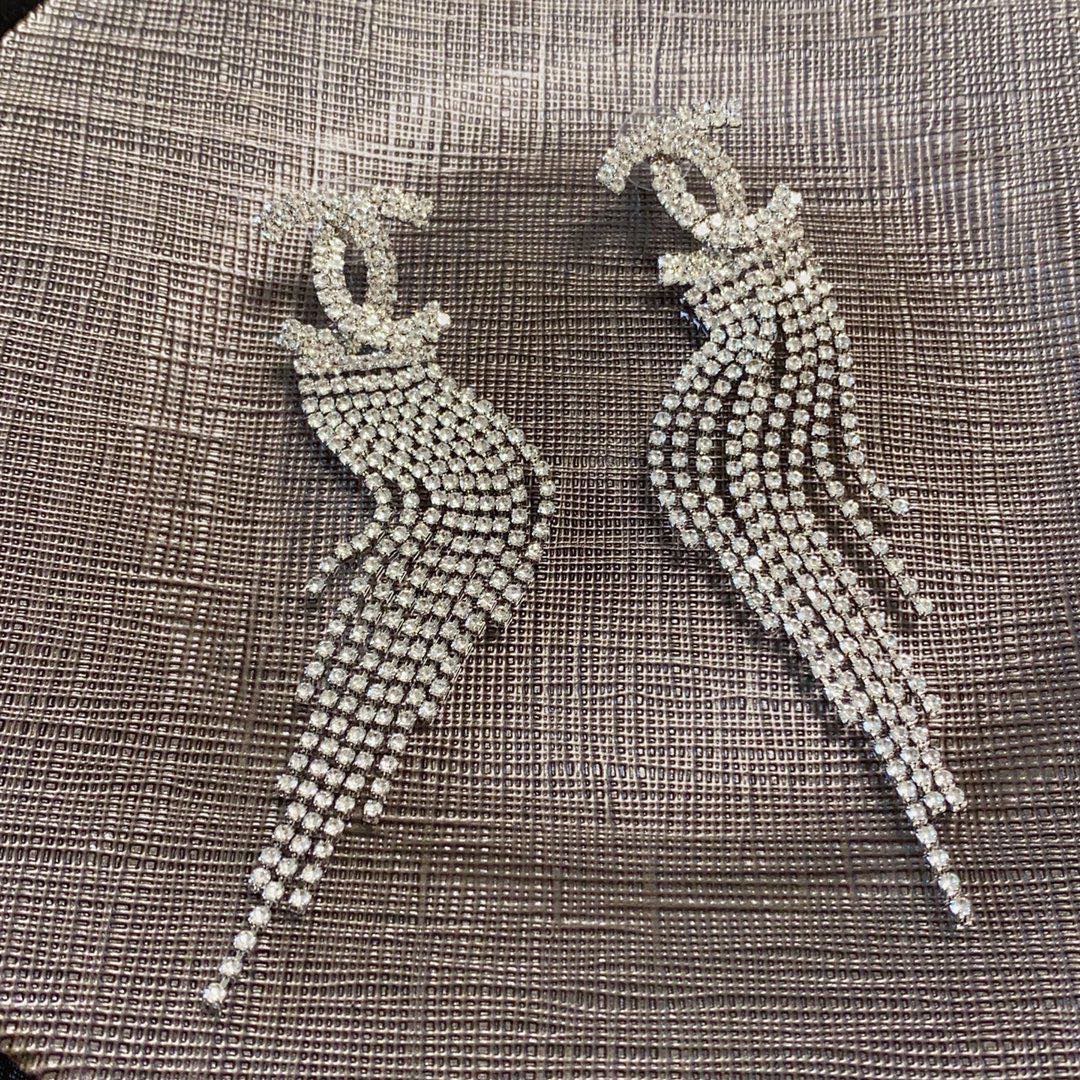 Chanel CC Crystal Fringe Drop Earrings earrings silver-tone metal with clear crystal rhinestones 9cm length