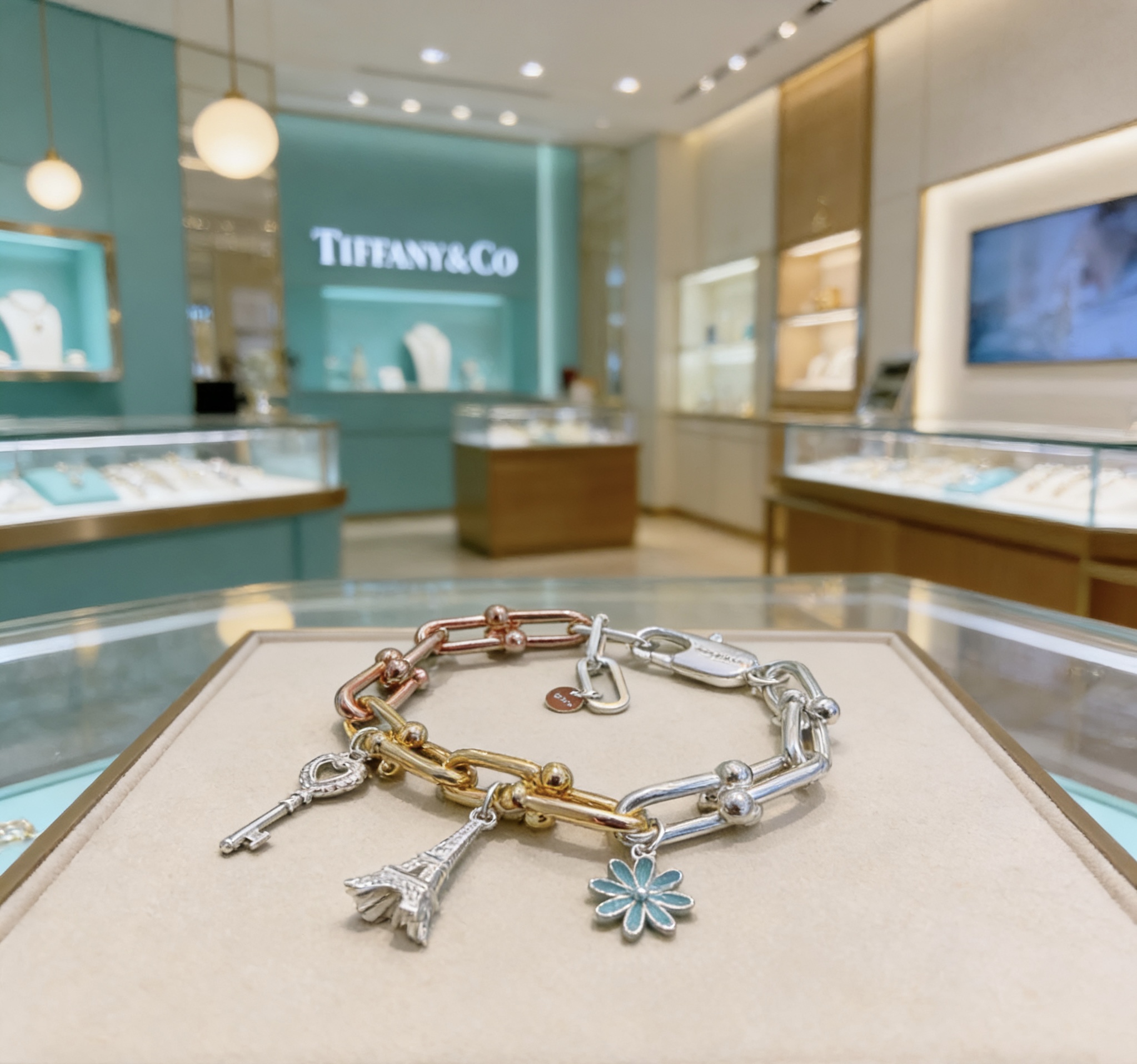 Tiffany Co HardWear Charm Bracelet bracelet Tri-tone sterling silver 18k yellow gold 18k rose gold metal with blue enamel daisy silver key charm silver Eiffel Tower charm 7 inches