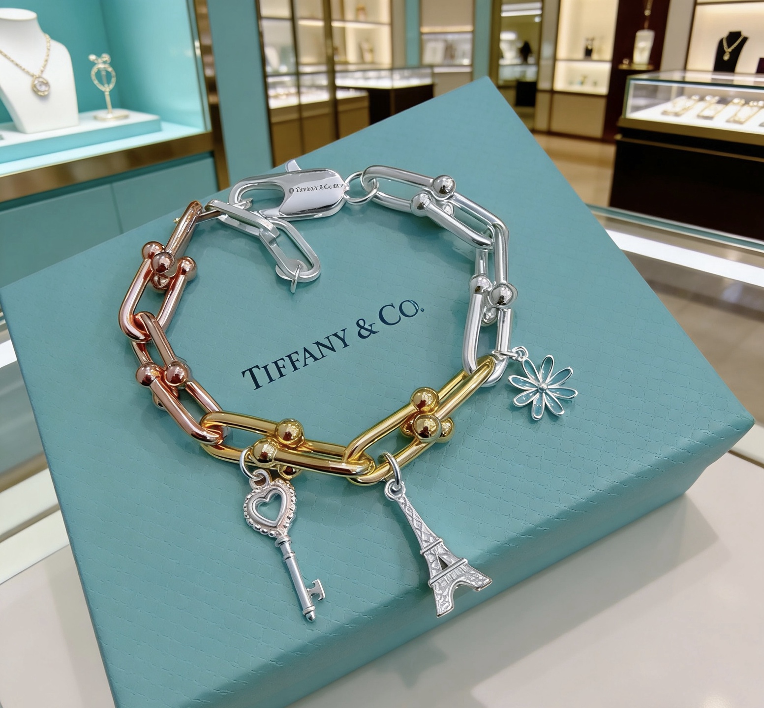 Tiffany Co HardWear Charm Bracelet bracelet Tri-tone sterling silver 18k yellow gold 18k rose gold metal with blue enamel daisy silver key charm silver Eiffel Tower charm 7 inches