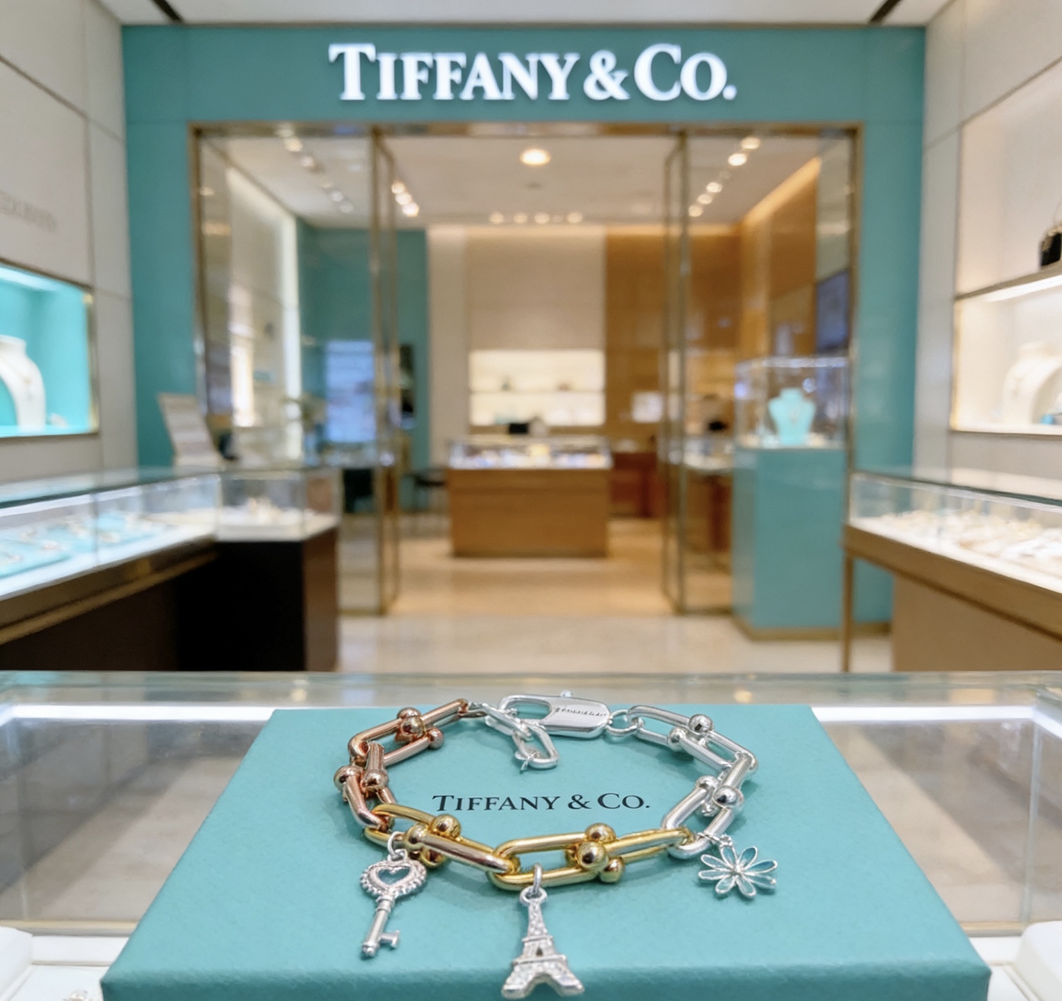 Tiffany Co HardWear Charm Bracelet bracelet Tri-tone sterling silver 18k yellow gold 18k rose gold metal with blue enamel daisy silver key charm silver Eiffel Tower charm 7 inches