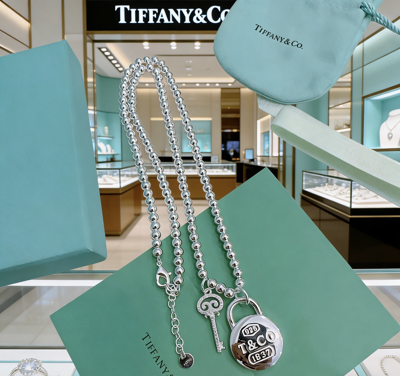 Tiffany Co 1837 Lock and Key Bead Necklace necklace sterling silver 18 inches