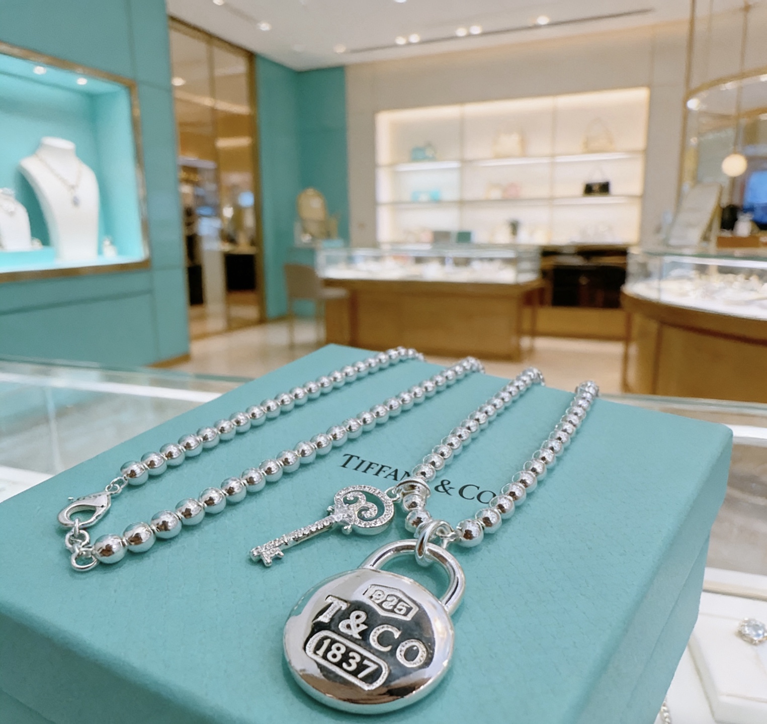 Tiffany Co 1837 Lock and Key Bead Necklace necklace sterling silver 18 inches