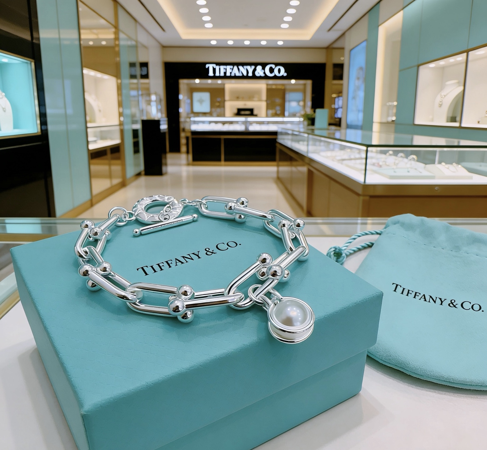 Tiffany Co Tiffany HardWear Pearl Link Bracelet bracelet sterling silver with white freshwater pearl 7 inches